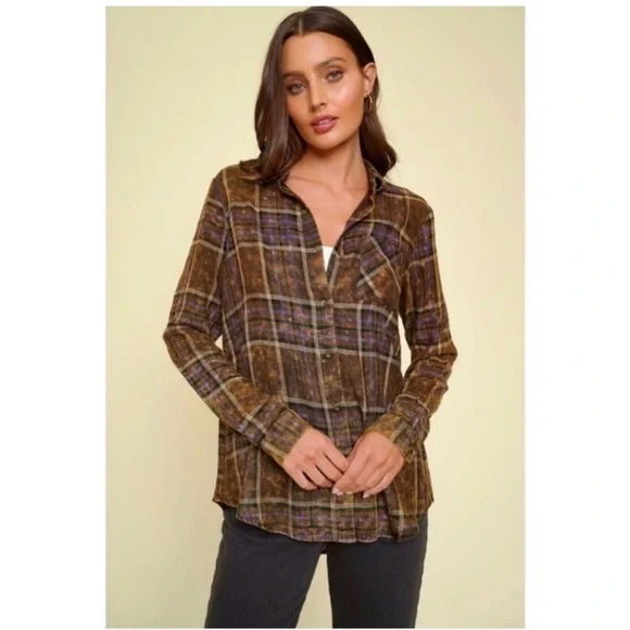 MYSTREE Washed Plaid Flannel Top - Picture 3 of 8